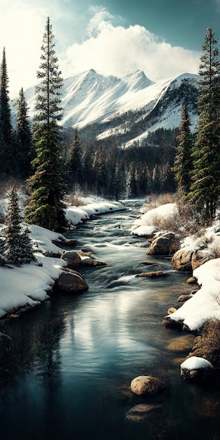 Er stroomt een rivier door een besneeuwd bos met een berg op de achtergrond
