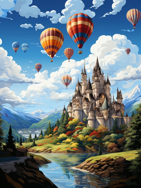 Er vliegen veel ballonnen over een kasteel op een heuvel.