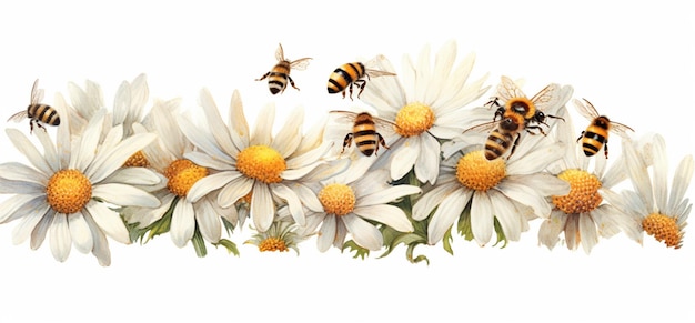 er vliegen veel bijen rond een bos witte bloemen generatieve ai