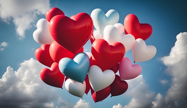 Er vliegt een stel hartvormige roodroze en witte folieballonnen in de blauwe lucht