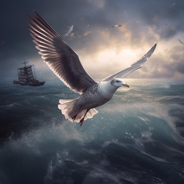 Er vliegt een vogel over de oceaan met een schip op de achtergrond.