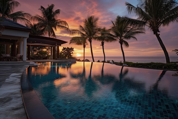Foto er wacht u een luxe buitenzwembad, compleet met een overloopzwembad omgeven door palmbomen