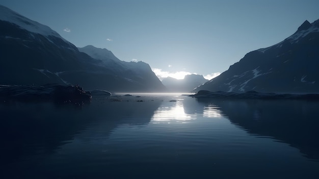 Er wordt een bergketen getoond met de zon die op het water schijnt.