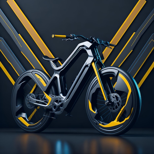 Er wordt een fiets getoond voor een zwarte achtergrond met een blauw en geel designGenerative Ai