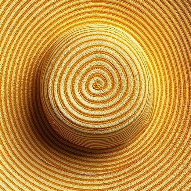 Er wordt een gele hoed met een spiraalpatroon getoond.
