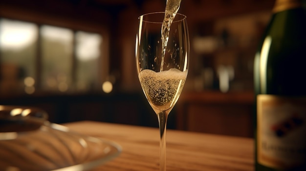 Er wordt een glas champagne in een glas gegoten.