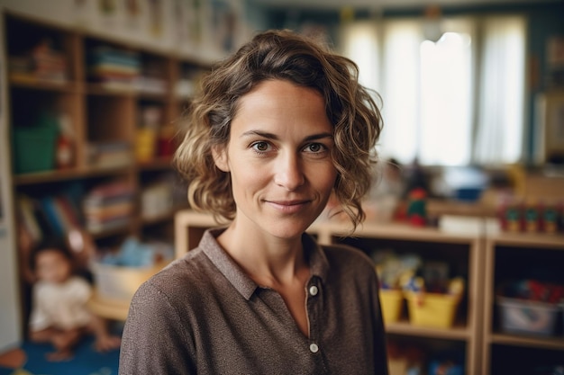 Foto er wordt een goedhartige kinderdagverblijfleraar afgebeeld die warmte en mededogen uitstraalt. haar koesterende glimlach en vriendelijke manier van doen creëren een gastvrije omgeving waar jonge geesten kunnen gedijen en bloeien generatieve ai