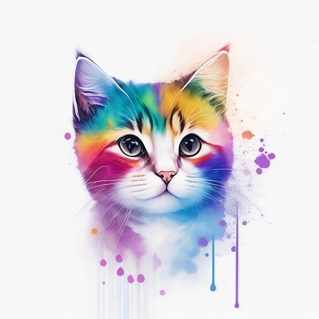 Er wordt een kleurrijke kat met een regenboogkleurig gezicht getoond.