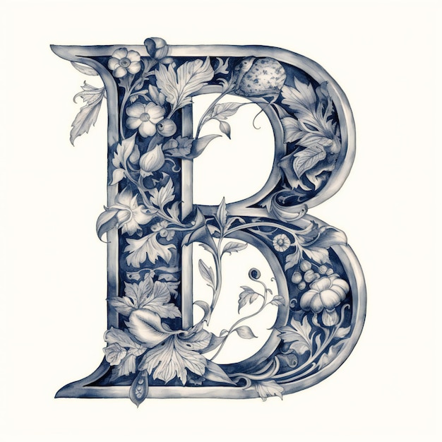 Er wordt een letter b weergegeven met bloemen en bladeren erop.