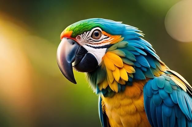 Er wordt een papegaai met een blauw en geel gezicht getoond.