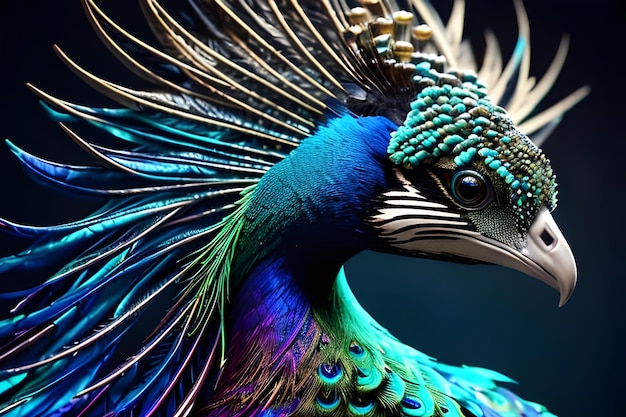 Er wordt een pauw met blauwe en groene veren getoond.