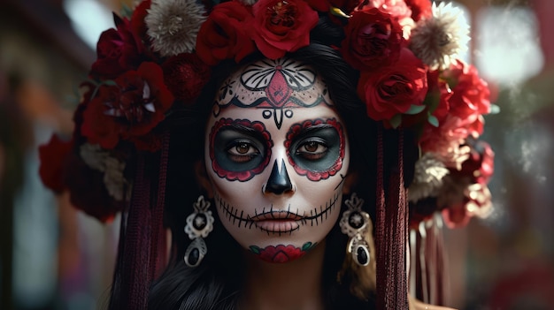 Er wordt een portret van een vrouw getoond met haar gezicht geschilderd in de stijl van een calavera, een traditioneel symbool van de Dag van de Doden, door AI gegenereerde vakantie