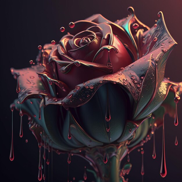Er wordt een rode roos met druipende druppels getoond.