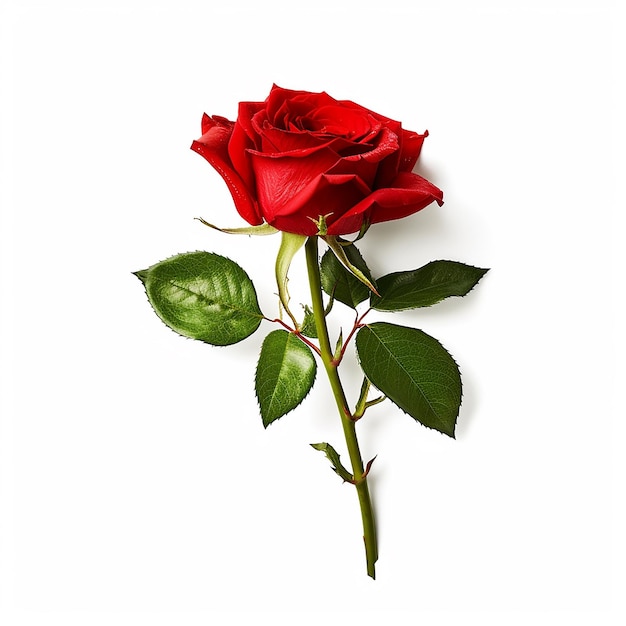Er wordt een rode roos met groene bladeren getoond.