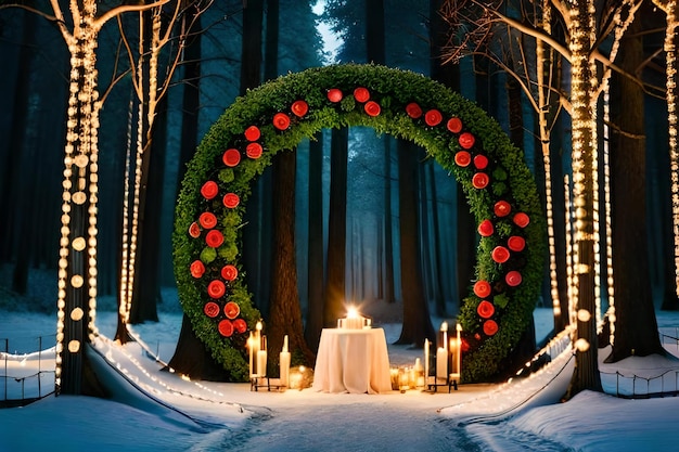 Er wordt een romantisch etentje in het bos georganiseerd voor een winterbruiloft.