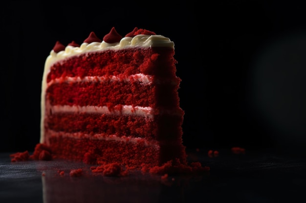 Er wordt een roodfluwelen cake getoond met wit glazuur en een zwarte achtergrond