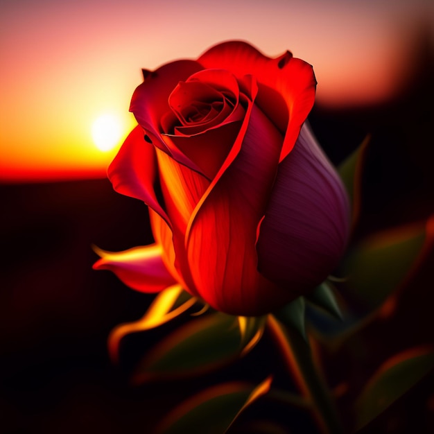 Er wordt een roos getoond met daarachter de ondergaande zon.