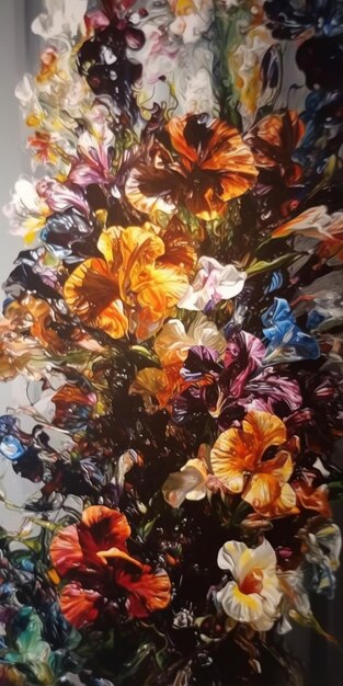 Er wordt een schilderij van een boeket bloemen getoond.