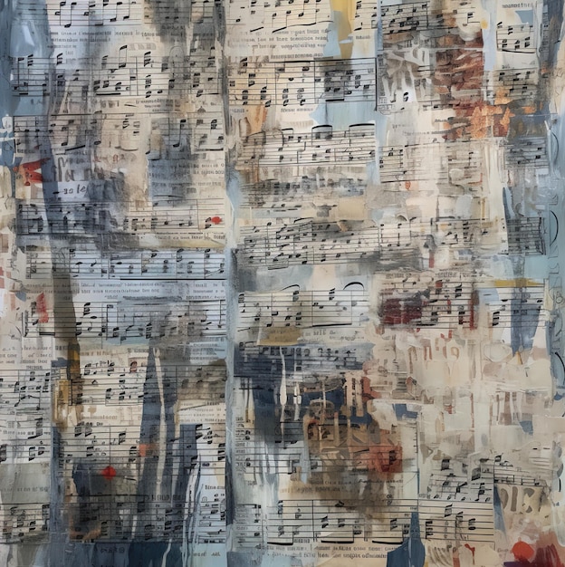 Er wordt een schilderij van een stad getoond met het woord muziek erop.
