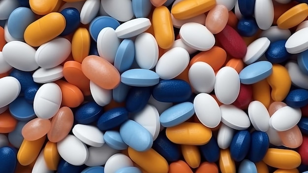 Er wordt een stapel kleurrijke pillen getoond, waarvan er één een pil is.
