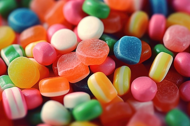 Er wordt een stapel kleurrijke snoepjes getoond met het woord snoep erop.
