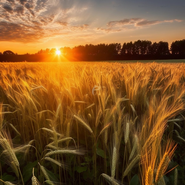 Er wordt een tarweveld getoond met daarachter de ondergaande zon.