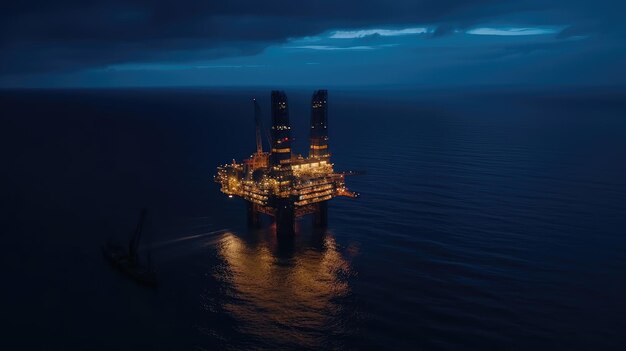 Foto er wordt 's nachts aan een groot offshore platform gewerkt