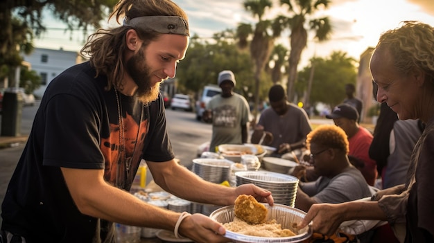 Er wordt voedsel uitgedeeld aan daklozen
