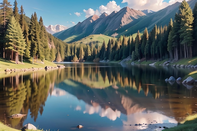 Er zijn bergen en helder meerwater onder de blauwe hemel mooie landschap wallpaper achtergrond