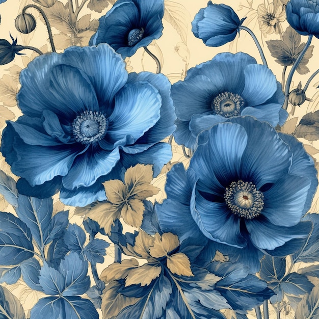 er zijn blauwe bloemen op een beige achtergrond met bladeren generatieve ai