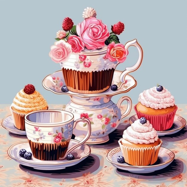 Er zijn cupcakes en cupcakes op tafel met een theepot.