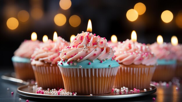 Er zijn cupcakes met roze glazuur en strooi op een bord generatieve ai