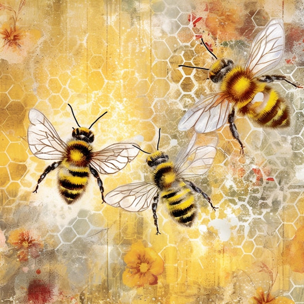 Er zijn drie bijen die rond een honingraat generatieve ai vliegen