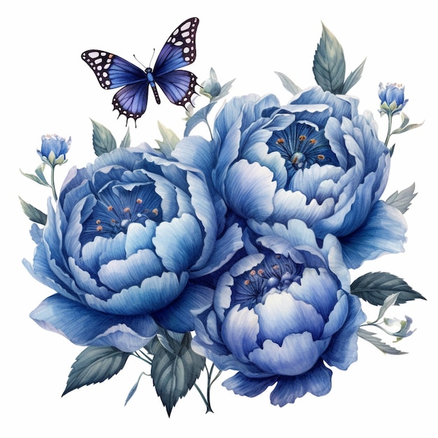 Er zijn drie blauwe bloemen met een vlinder erop generatieve ai