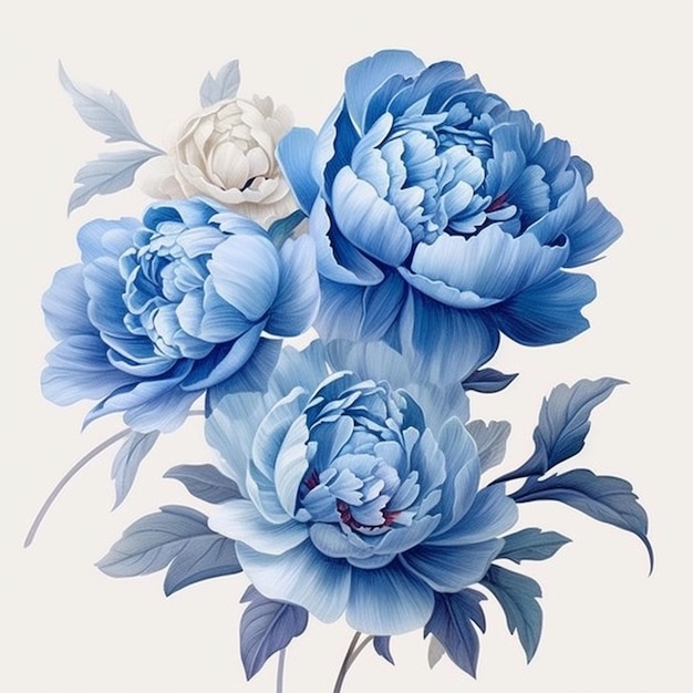 Er zijn drie blauwe bloemen op een witte achtergrond.