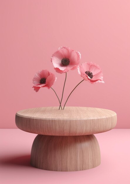 Foto er zijn drie roze bloemen in een houten vaas op een roze oppervlak generatieve ai