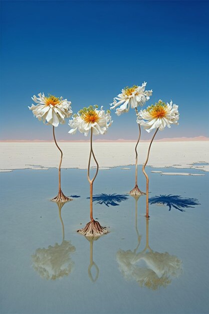 Er zijn drie witte bloemen die uit het water groeien.