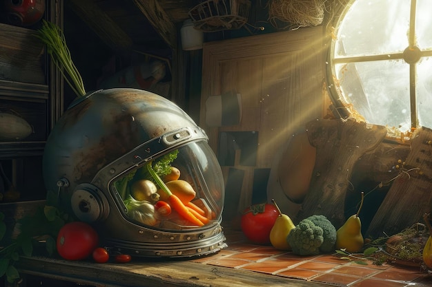 Er zijn groenten in de helm van astronauten Surrealisme Esthetiek en minimalisme in het frame Abstracte achtergrond