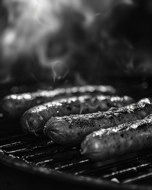 Foto er zijn hotdogs op een grill met rook die eruit komt.