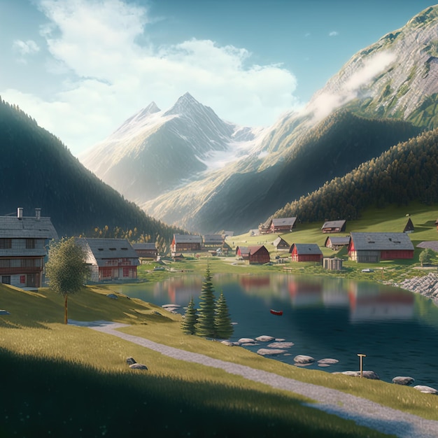 Foto er zijn huizen in de vallei van de bergen de huizen 3d-rendering. rasterillustratie