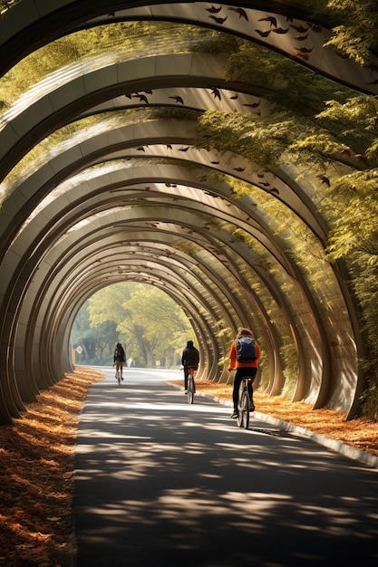 er zijn mensen die fietsen door een tunnel op een generatieve weg