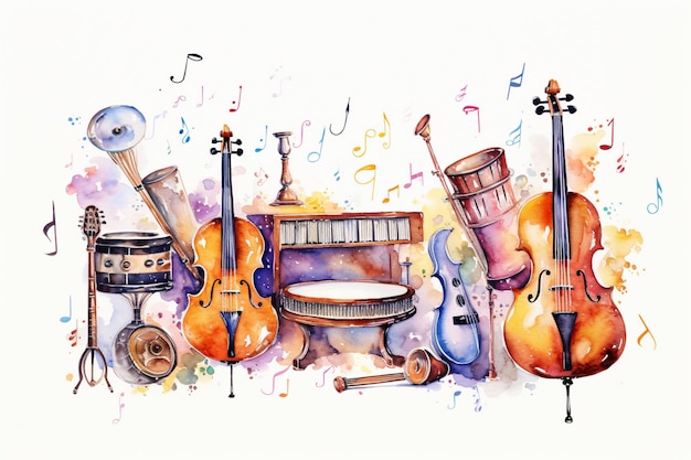er zijn muziekinstrumenten en muziekinstrumenten geschilderd in aquarel generatieve ai