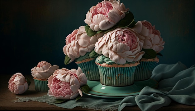 Er zijn roze bloemen in een cupcake op een tafel generatieve ai
