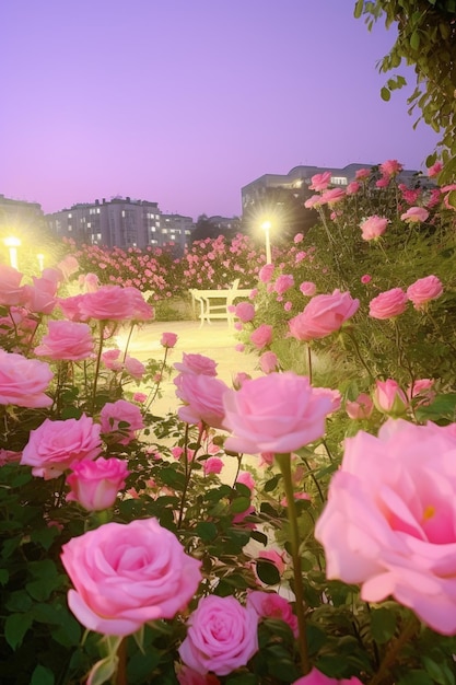 er zijn 's nachts veel roze rozen in de tuin generatieve ai