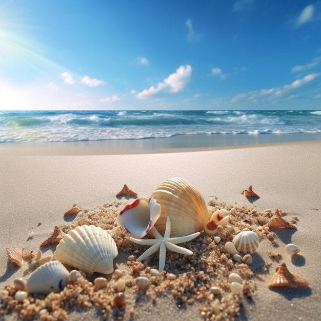 Er zijn schelpen en zeesterren op het zand van het strand generatieve ai