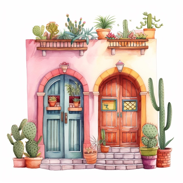 Er zijn twee deuren en een raam met cactusplanten erop.