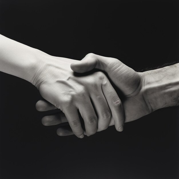 Er zijn twee handen die elkaar vasthouden in een zwart-wit foto generatieve ai