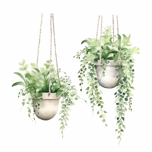 Er zijn twee hangende potten met planten op een witte achtergrond.