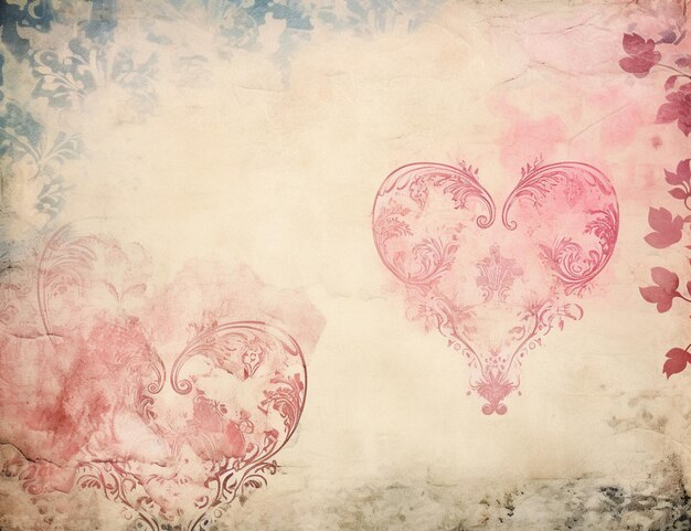 Er zijn twee harten op een muur met een bloemenontwerp.
