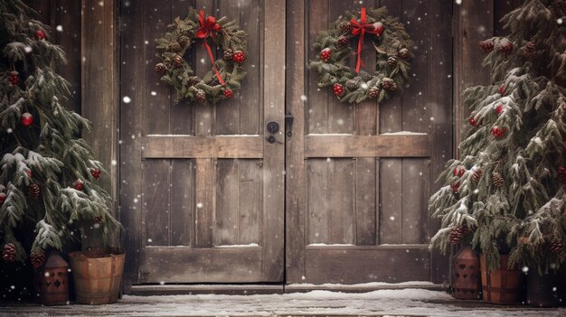 Er zijn twee kerstkransen aan de voorkant van een houten deur.